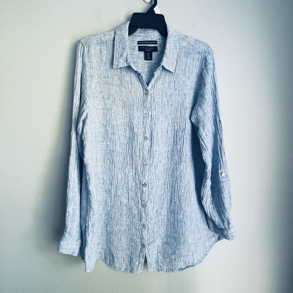 Tahari European Flax 100% Linen Shirt Women's L Blue Woven Textured Button Up - Picture 2 of 13
